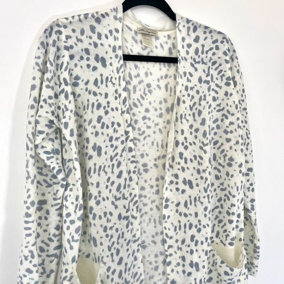 Cotton Emporium Ivory Blue Leopard Print Open Front‎ Cardigan Sweater Women's LL - Picture 2 of 6